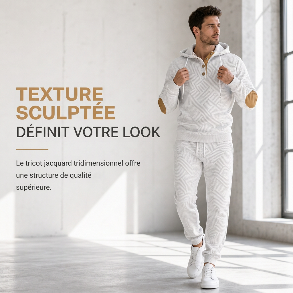 Ensemble de survêtement 2 pièces en jacquard pour homme, sweat à capuche et pantalon de survêtement décontractés pour automne-hiver