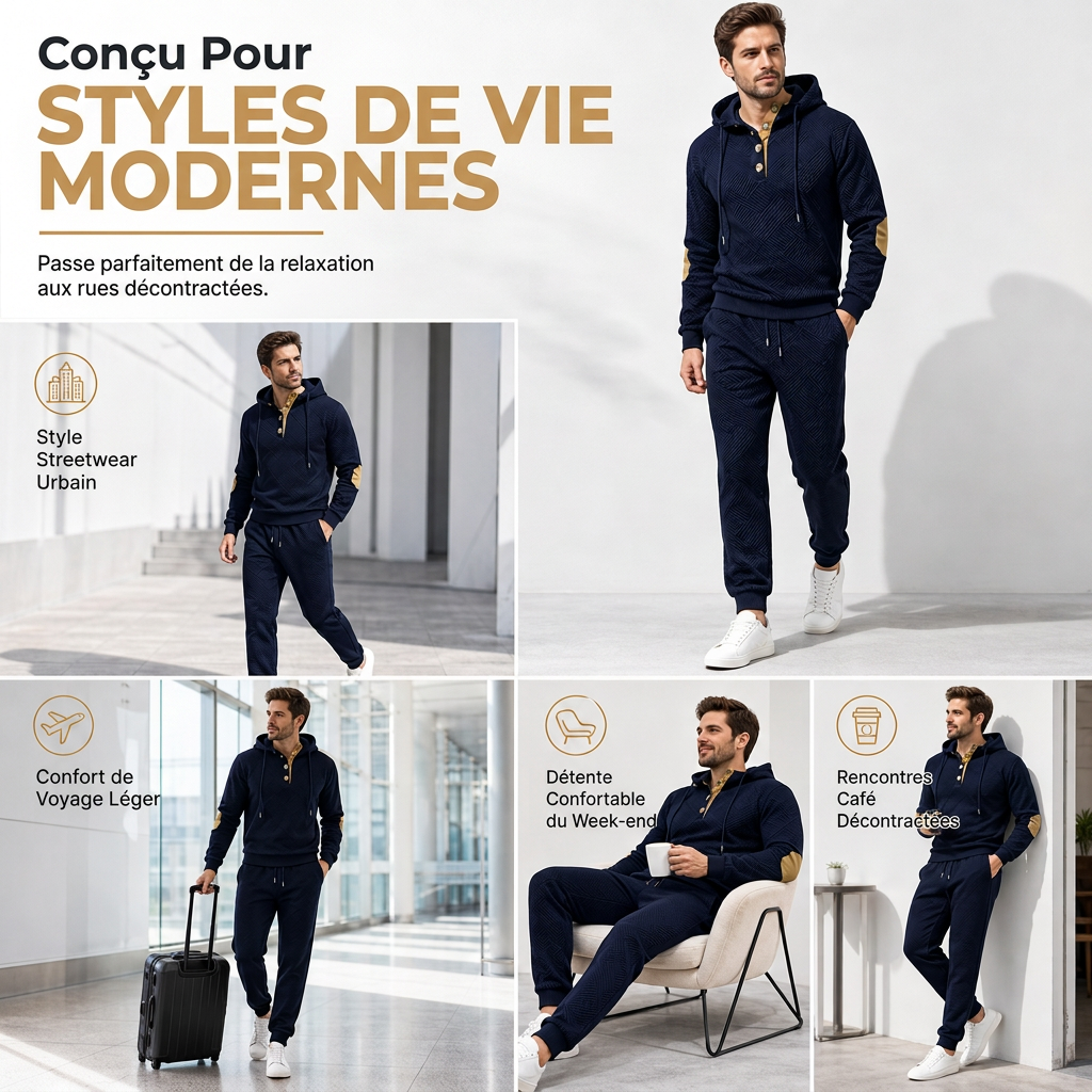 Ensemble de survêtement 2 pièces en jacquard pour homme, sweat à capuche et pantalon de survêtement décontractés pour automne-hiver