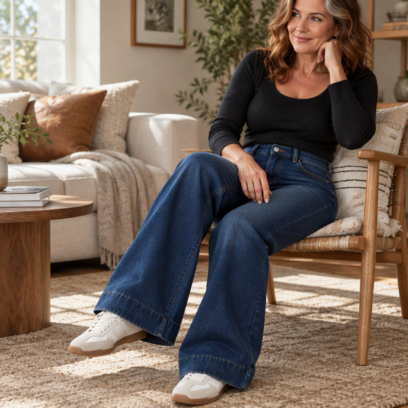 Jeans thermiques à taille haute et jambe large pour femme
