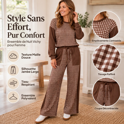 Ensemble Femme Haut à Manches Longues à Carreaux Carreaux Et Pantalon à Jambe Large