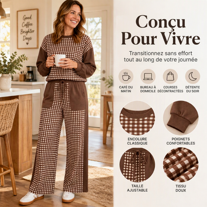 Ensemble Femme Haut à Manches Longues à Carreaux Carreaux Et Pantalon à Jambe Large