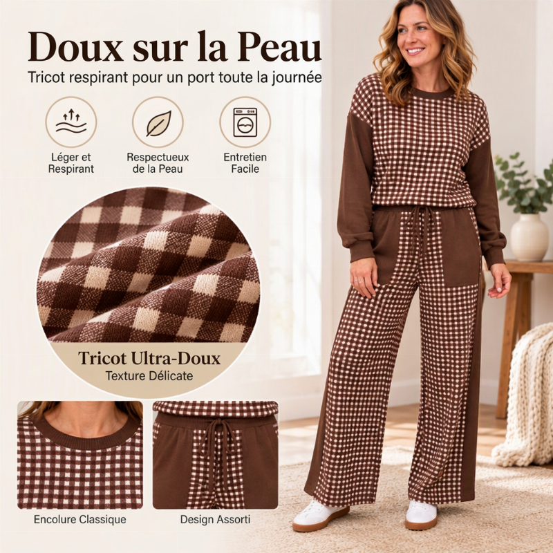 Ensemble Femme Haut à Manches Longues à Carreaux Carreaux Et Pantalon à Jambe Large