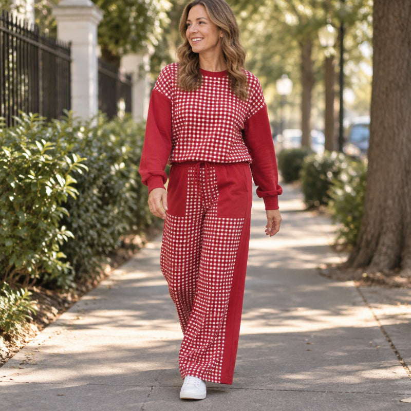 Ensemble Femme Haut à Manches Longues à Carreaux Carreaux Et Pantalon à Jambe Large