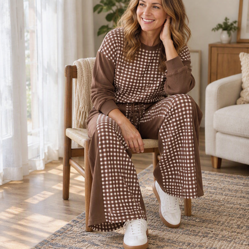 Ensemble Femme Haut à Manches Longues à Carreaux Carreaux Et Pantalon à Jambe Large