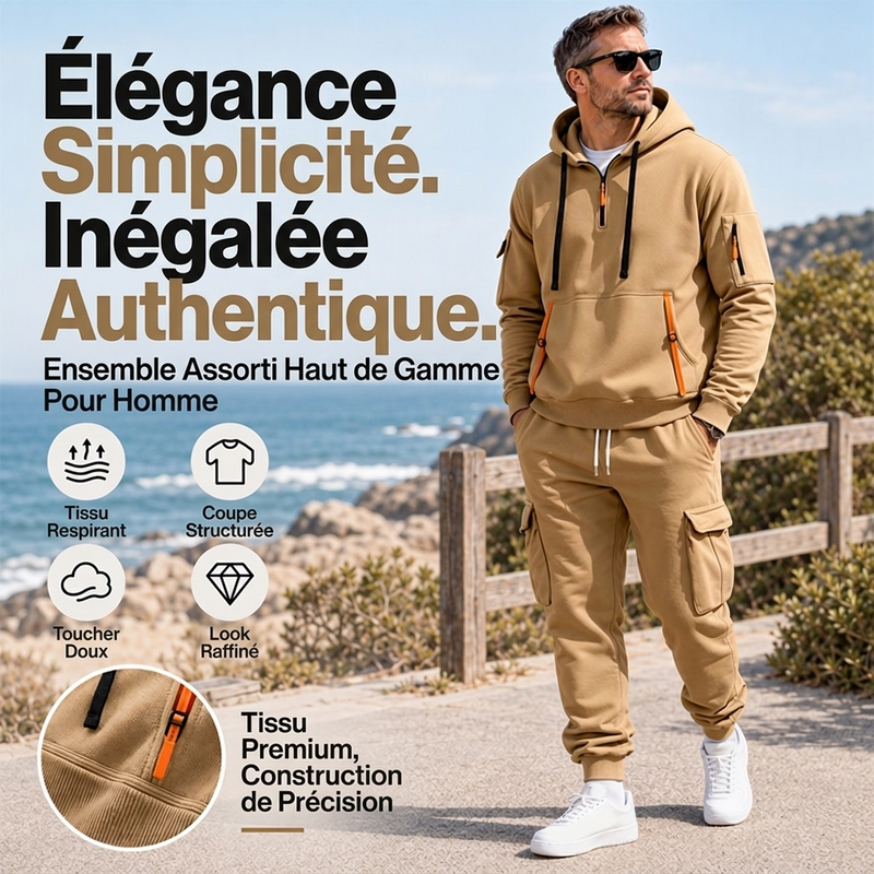 Ensemble à capuche mi-zip et pantalon cargo chaud pour homme