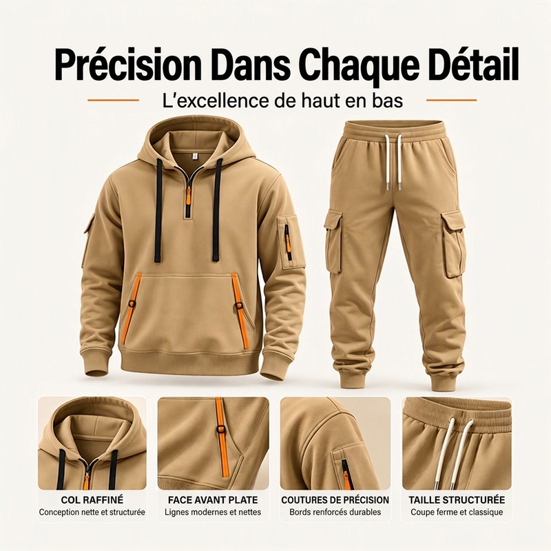 Ensemble à capuche mi-zip et pantalon cargo chaud pour homme