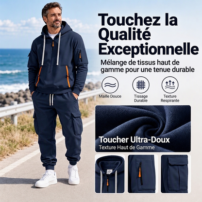 Ensemble à capuche mi-zip et pantalon cargo chaud pour homme