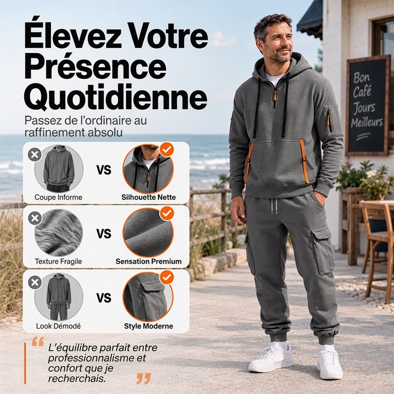 Ensemble à capuche mi-zip et pantalon cargo chaud pour homme
