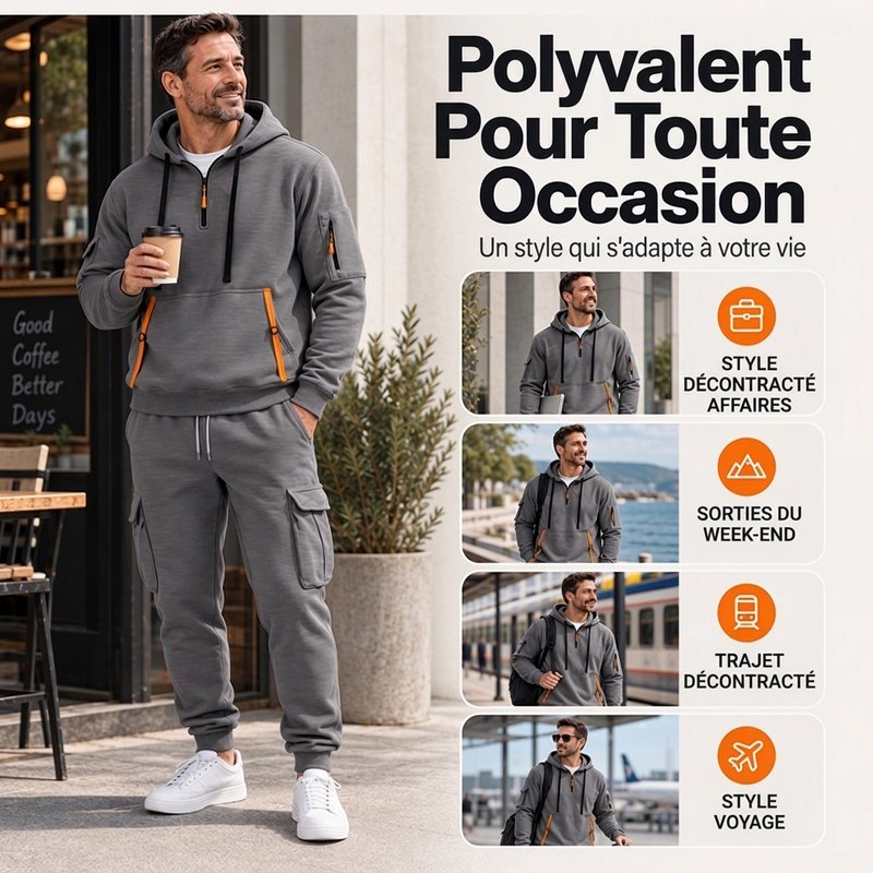 Ensemble à capuche mi-zip et pantalon cargo chaud pour homme