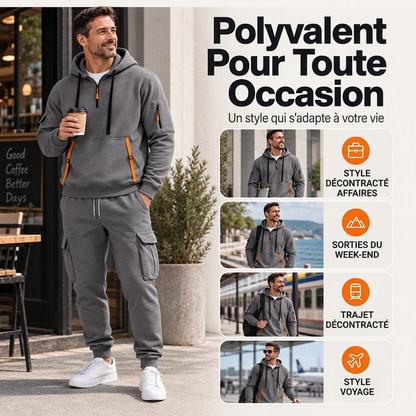 Ensemble à capuche mi-zip et pantalon cargo chaud pour homme