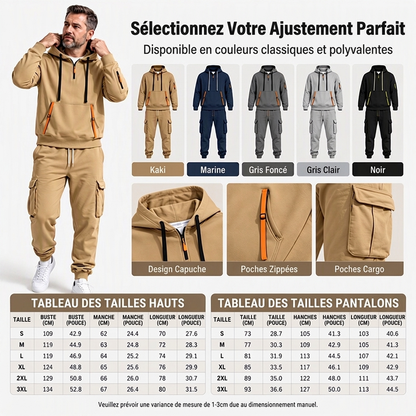 Ensemble à capuche mi-zip et pantalon cargo chaud pour homme