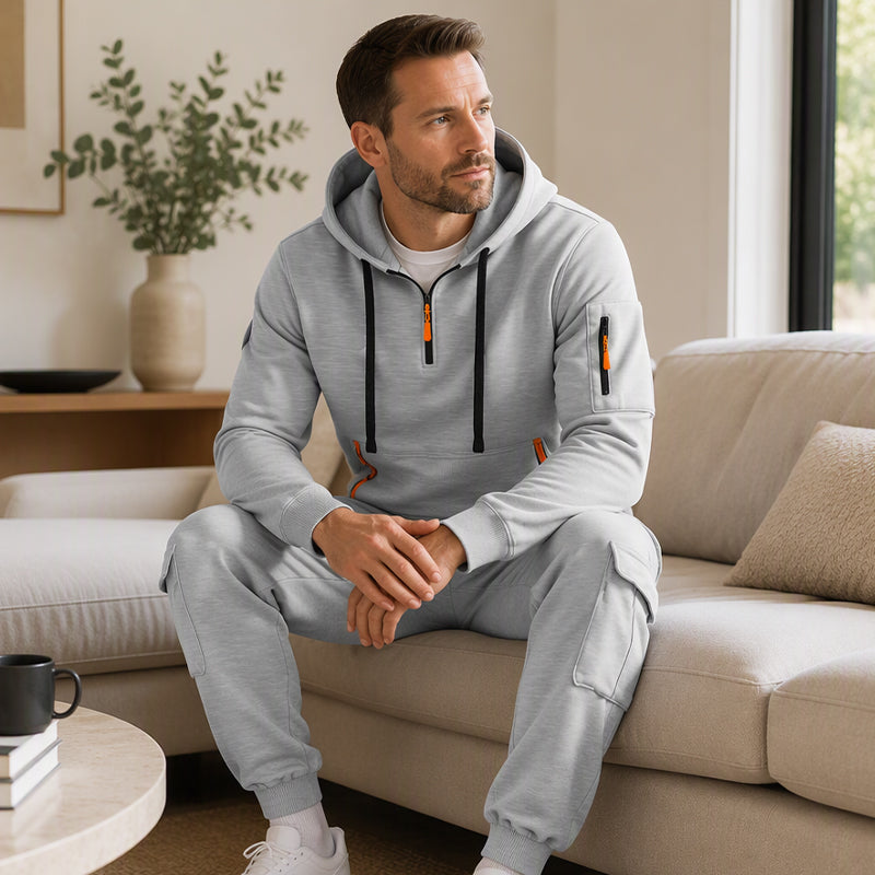 Ensemble à capuche mi-zip et pantalon cargo chaud pour homme