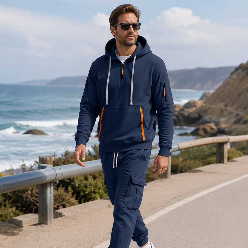 Ensemble à capuche mi-zip et pantalon cargo chaud pour homme