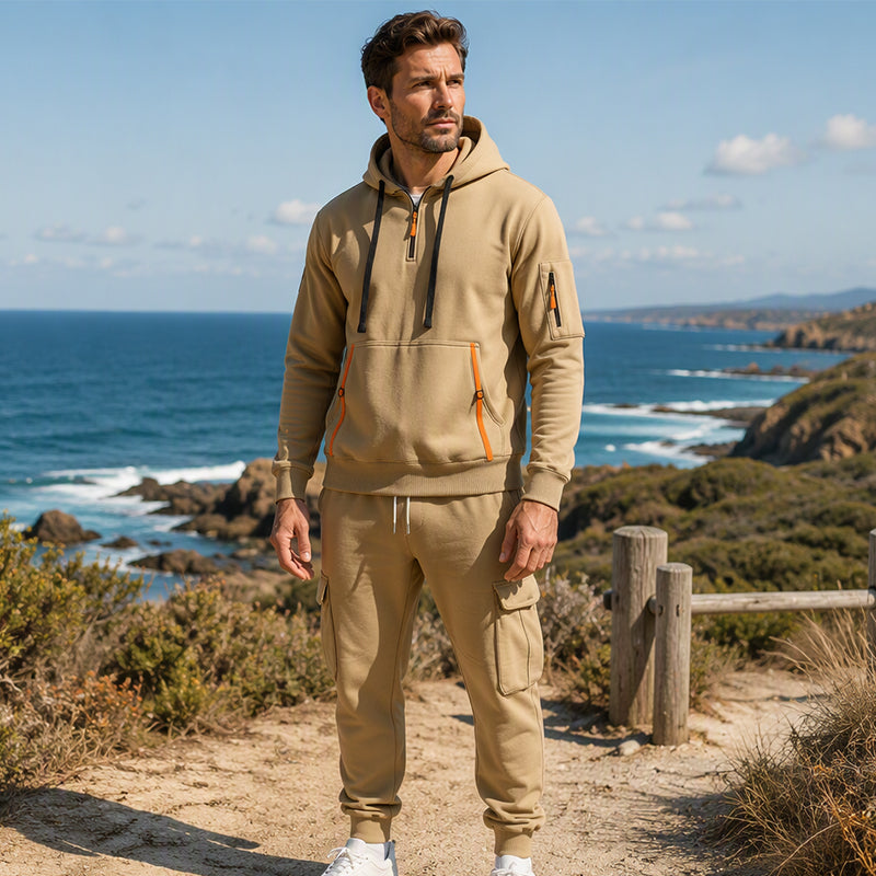 Ensemble à capuche mi-zip et pantalon cargo chaud pour homme