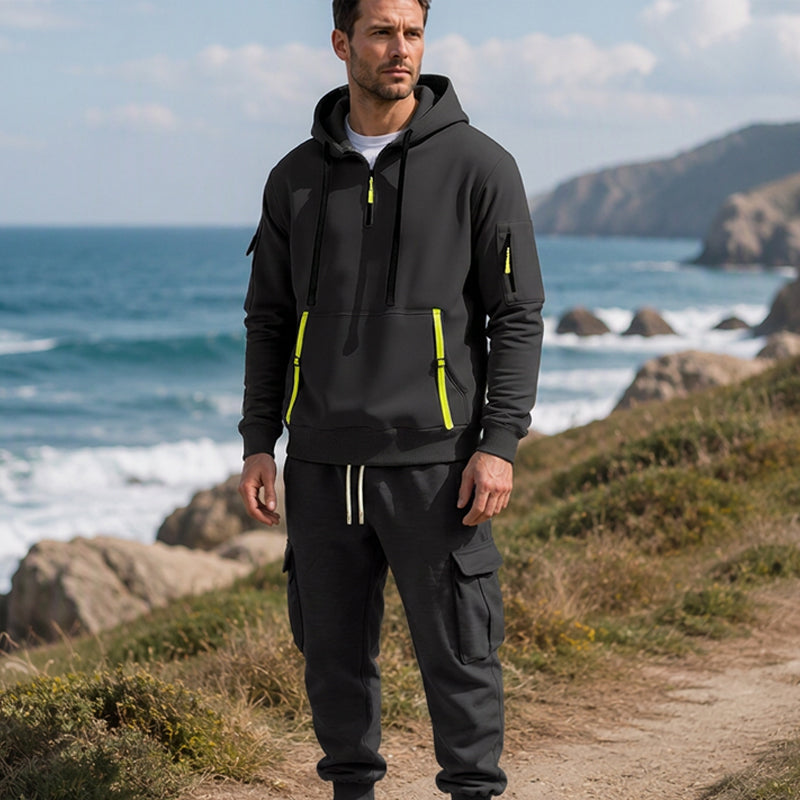 Ensemble à capuche mi-zip et pantalon cargo chaud pour homme