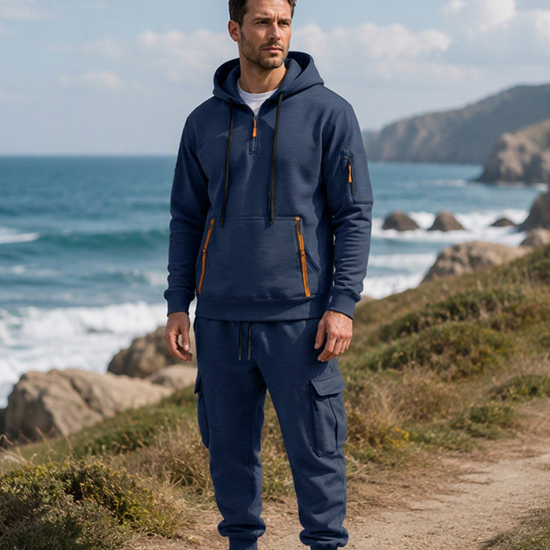 Ensemble à capuche mi-zip et pantalon cargo chaud pour homme