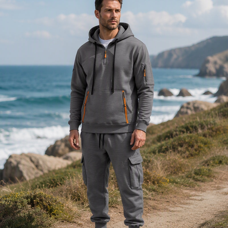 Ensemble à capuche mi-zip et pantalon cargo chaud pour homme