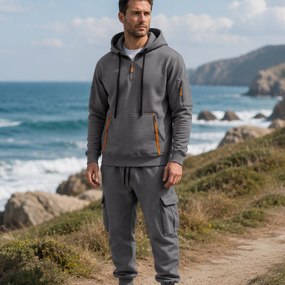Ensemble à capuche mi-zip et pantalon cargo chaud pour homme