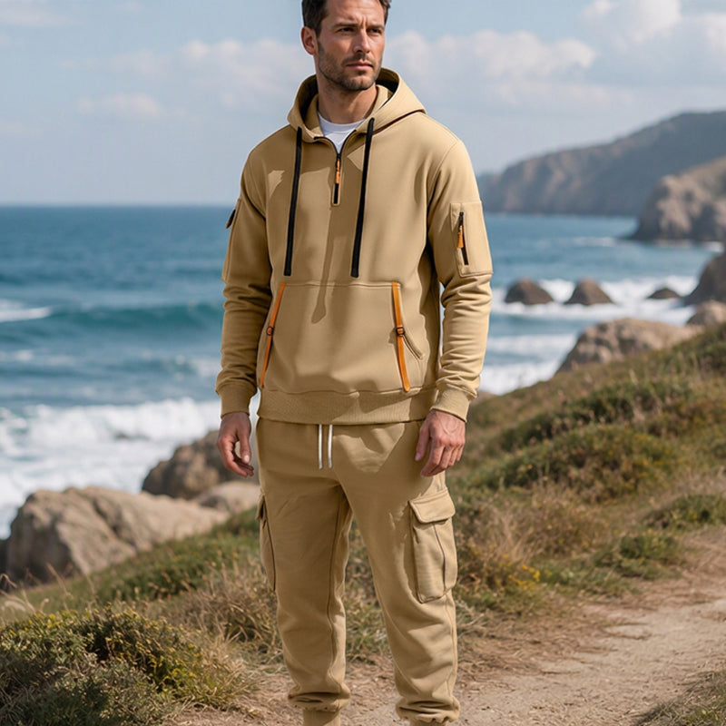 Ensemble à capuche mi-zip et pantalon cargo chaud pour homme