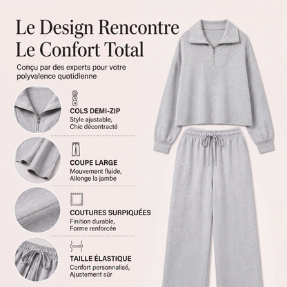 Ensemble pour femme : haut à col rabattu demi-zip et pantalon large
