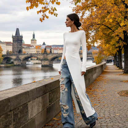 👜 -50 % sur toute la mode femme ! ✨Haut long asymétrique chic pour femme avec fente haute