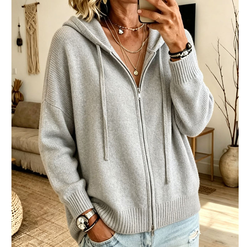 Cardigan en maille à capuche zippé ample pour femme