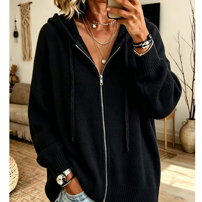 Cardigan en maille à capuche zippé ample pour femme