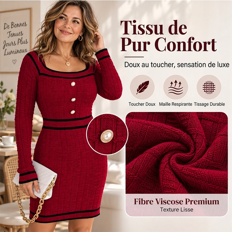 👜 -50 % sur toute la mode femme ! ✨Robe moulante en maille élégante à col carré pour femme
