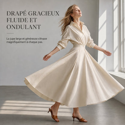 Robe chemise élégante en coton et lin à couleur unie pour femme, avec col rabattu, taille élastique et ourlet évasé