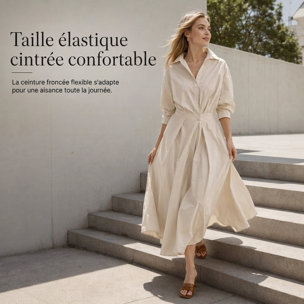 Robe chemise élégante en coton et lin à couleur unie pour femme, avec col rabattu, taille élastique et ourlet évasé