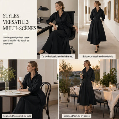 Robe chemise élégante en coton et lin à couleur unie pour femme, avec col rabattu, taille élastique et ourlet évasé