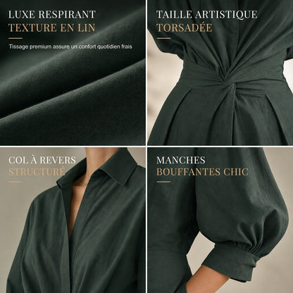 Robe chemise élégante en coton et lin à couleur unie pour femme, avec col rabattu, taille élastique et ourlet évasé