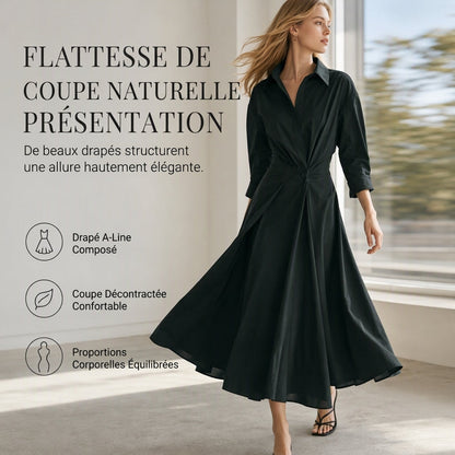 Robe chemise élégante en coton et lin à couleur unie pour femme, avec col rabattu, taille élastique et ourlet évasé