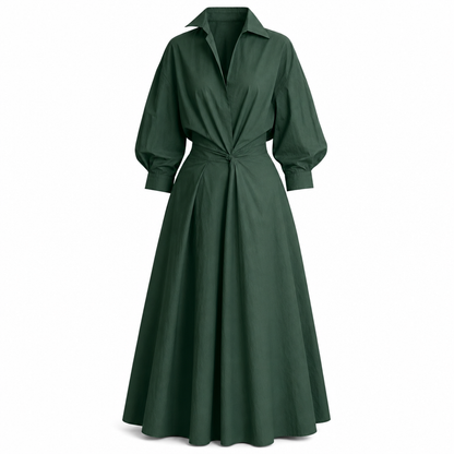 Robe chemise élégante en coton et lin à couleur unie pour femme, avec col rabattu, taille élastique et ourlet évasé