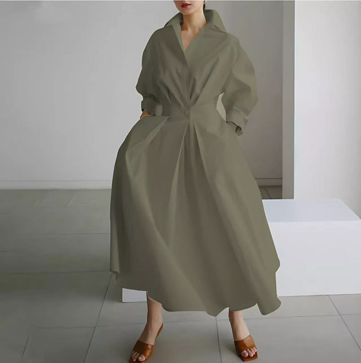 Robe chemise élégante en coton et lin à couleur unie pour femme, avec col rabattu, taille élastique et ourlet évasé