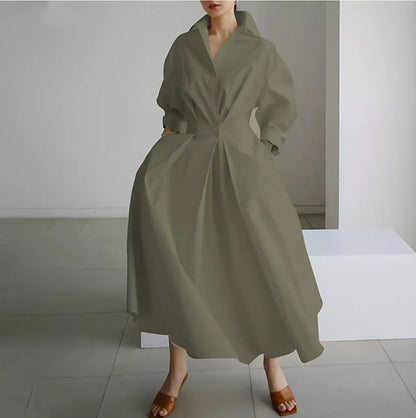 Robe chemise élégante en coton et lin à couleur unie pour femme, avec col rabattu, taille élastique et ourlet évasé