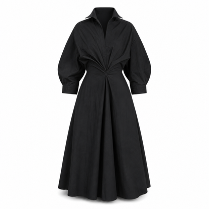 Robe chemise élégante en coton et lin à couleur unie pour femme, avec col rabattu, taille élastique et ourlet évasé