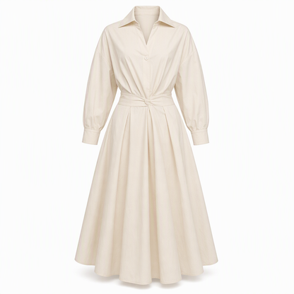 Robe chemise élégante en coton et lin à couleur unie pour femme, avec col rabattu, taille élastique et ourlet évasé