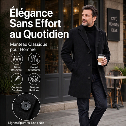Manteau classique mi-long à boutonnage simple pour homme