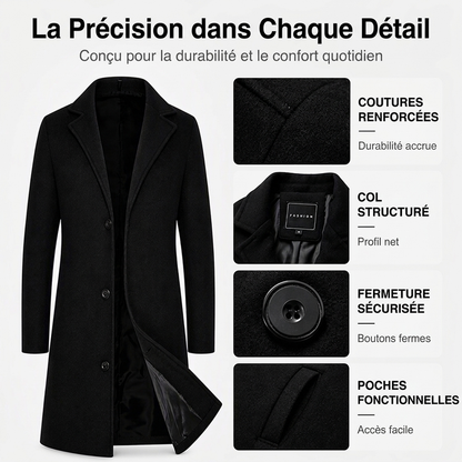 Manteau classique mi-long à boutonnage simple pour homme