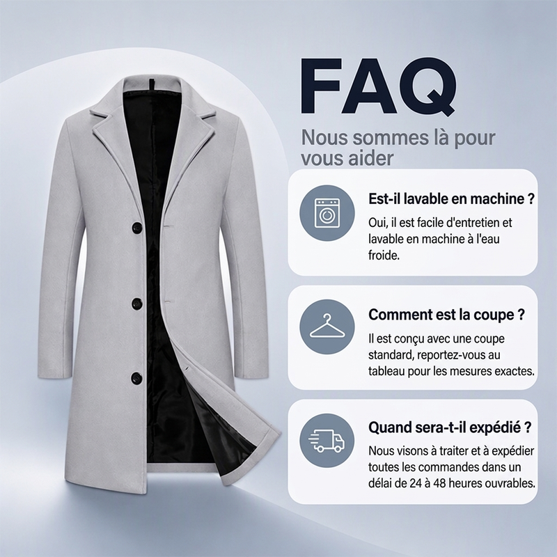 Manteau classique mi-long à boutonnage simple pour homme