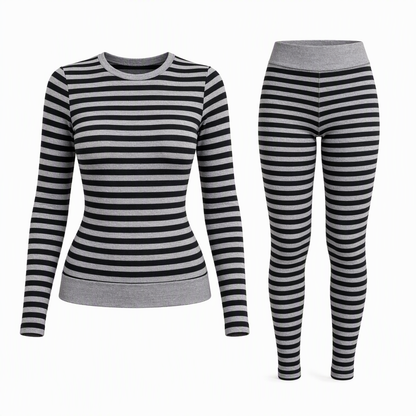 Ensemble de détente et de sport slim à rayures et blocs de couleur, haut à col rond et pantalon à manches longues pour femme