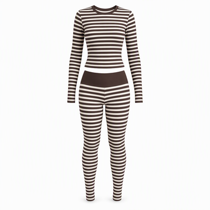 Ensemble de détente et de sport slim à rayures et blocs de couleur, haut à col rond et pantalon à manches longues pour femme