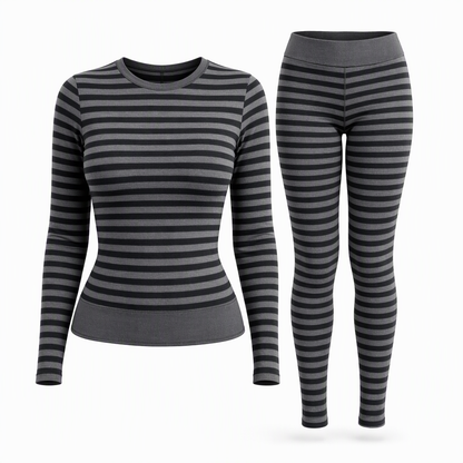 Ensemble de détente et de sport slim à rayures et blocs de couleur, haut à col rond et pantalon à manches longues pour femme