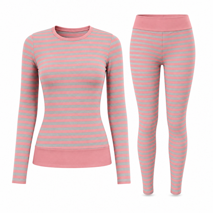 Ensemble de détente et de sport slim à rayures et blocs de couleur, haut à col rond et pantalon à manches longues pour femme