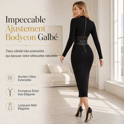 Robe pull mouchetée à manches longues et col rond pour femme, coupe slim moulante