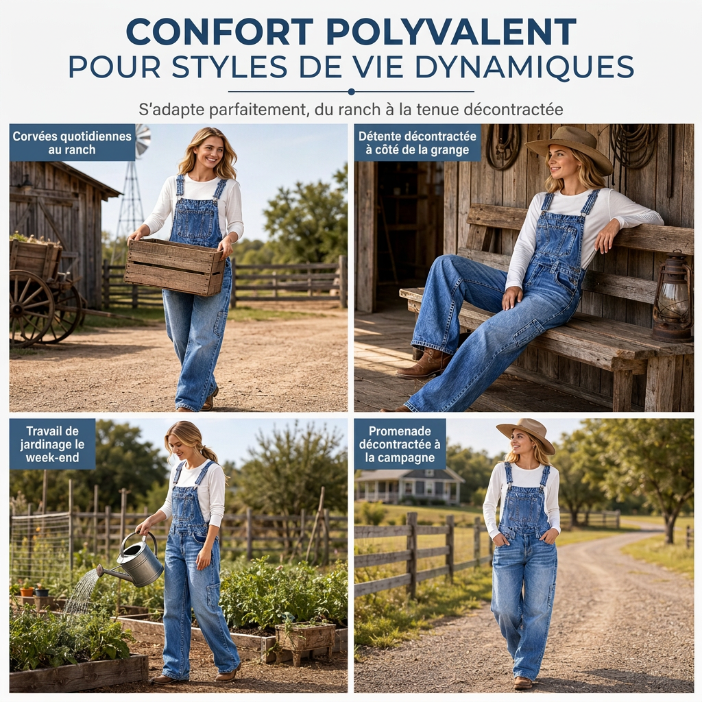 Salopette en denim extensible pour femme, pantalon à jambes larges avec bretelles réglables