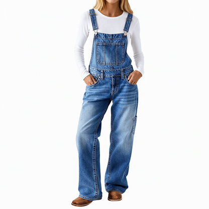 Salopette en denim extensible pour femme, pantalon à jambes larges avec bretelles réglables