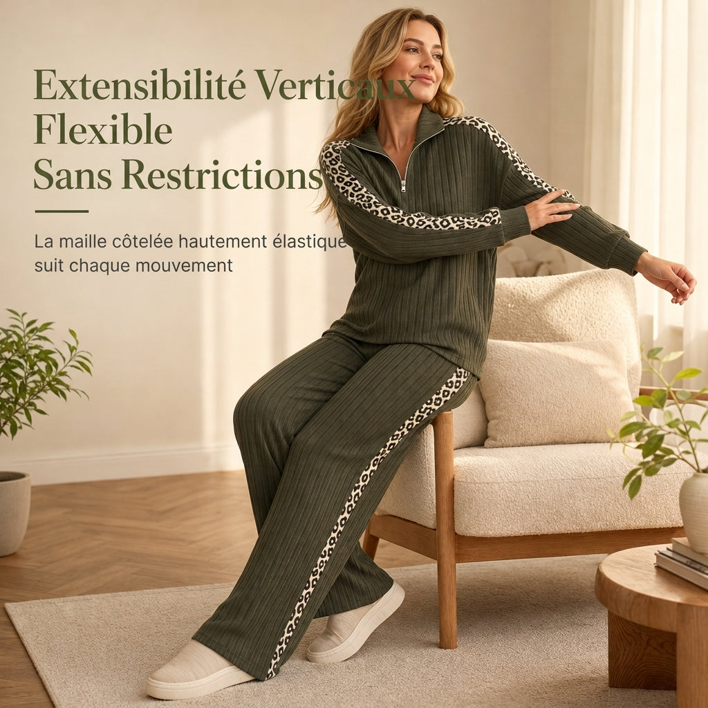 Ensemble de vêtements de détente en maille côtelée pour femme, composé d'un pull à col zippé et d'un pantalon à jambe large, avec des panneaux décoratifs à imprimé léopard