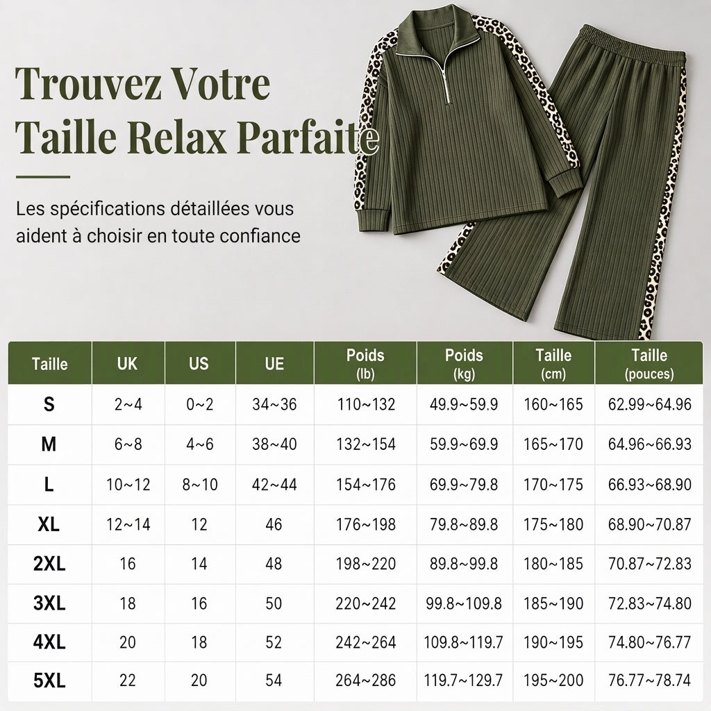 Ensemble de vêtements de détente en maille côtelée pour femme, composé d'un pull à col zippé et d'un pantalon à jambe large, avec des panneaux décoratifs à imprimé léopard